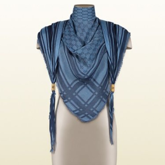 Gucci Accessories - Gucci GG Monogram Woven Triangle Scarf Blue with Antiqued Gold adornments